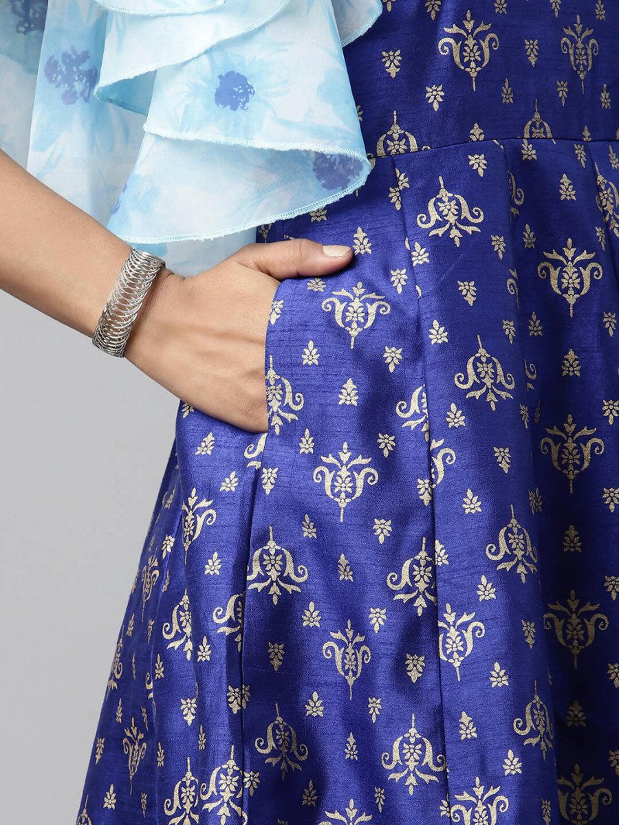 Ahalyaa Women Royal Blue Poly Silk Gold Paste Printed Dress | Swadesiicart