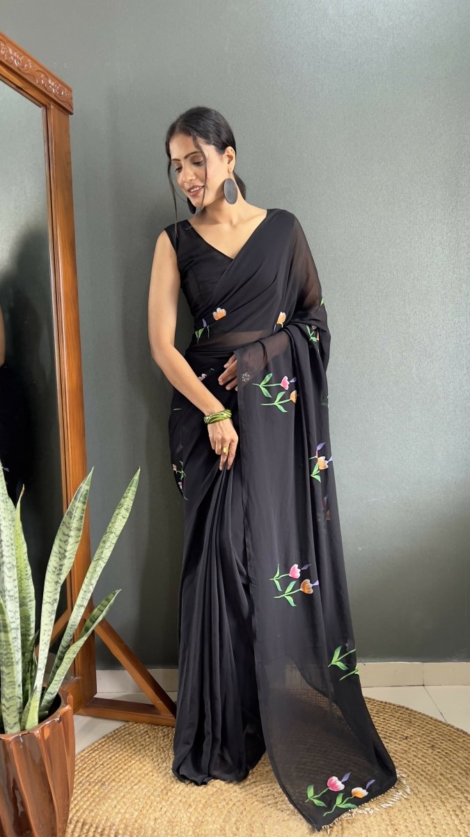 Aayaa Designer 1 min Hand Painted Ready to Wear saree - Black | Swadesiicart