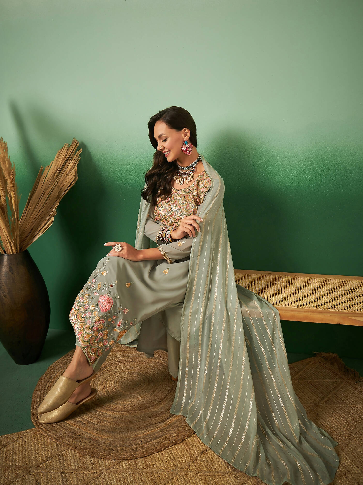 Light Green Georgette Handwork Unstitched Dress Material - Hanika | Swadesiicart
