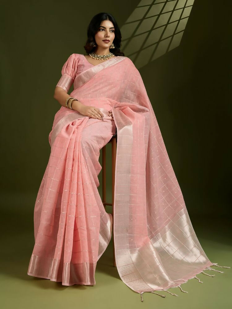 Vishnu Weaves Women's Peach Soft Silk Zari Woven Saree with Blouse - Swadesiicart
