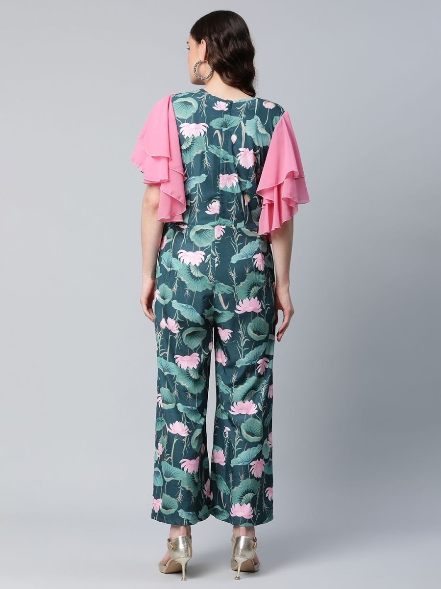Ahalyaa Women's Dark Green Crepe Printed Jumpsuit | Swadesiicart