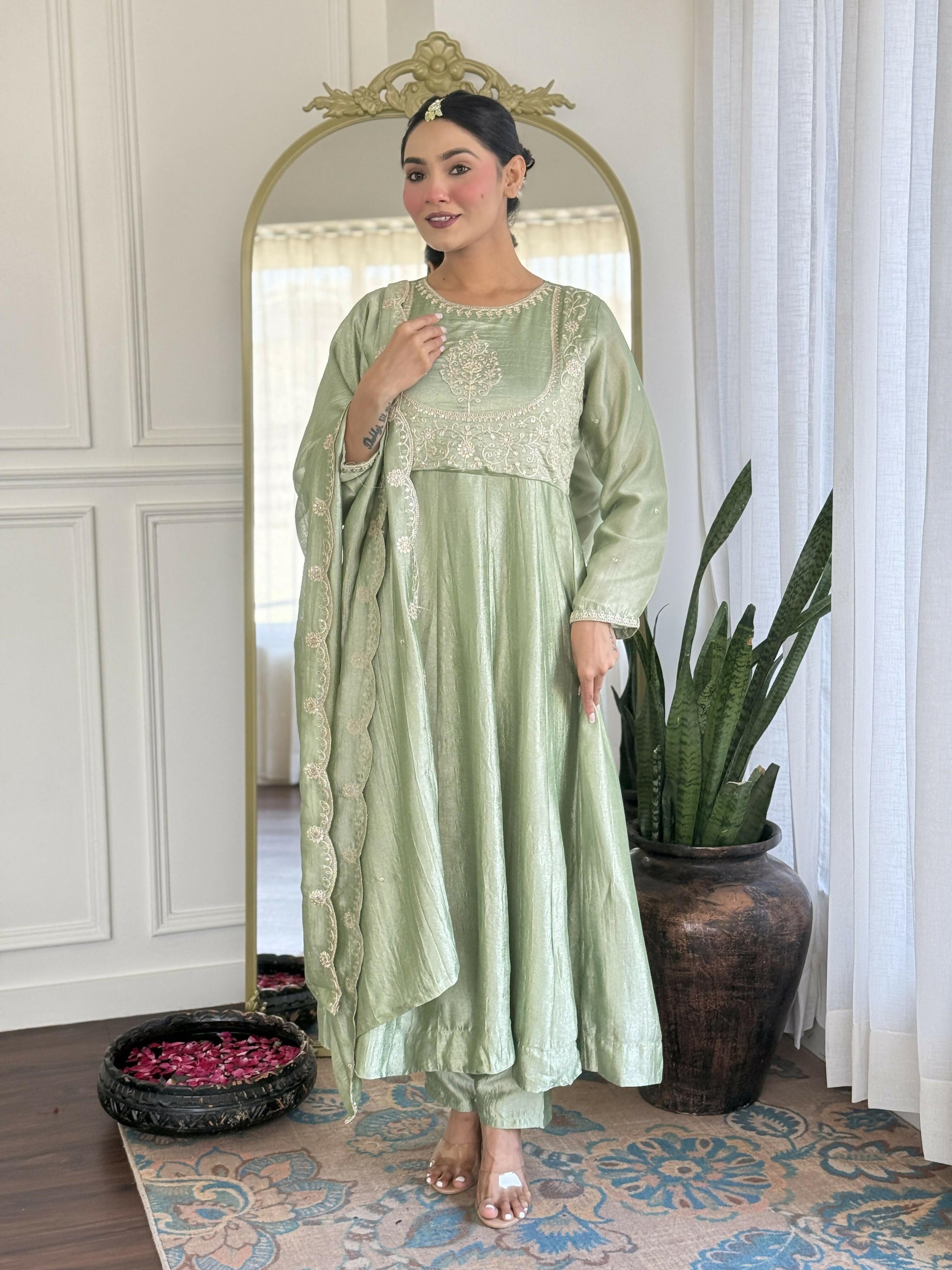 The52 Pista Women's Gorgeous Embroidered Vichitra Silk Fabric Flared Kurta Pant with Dupatta Set - Swadesiicart