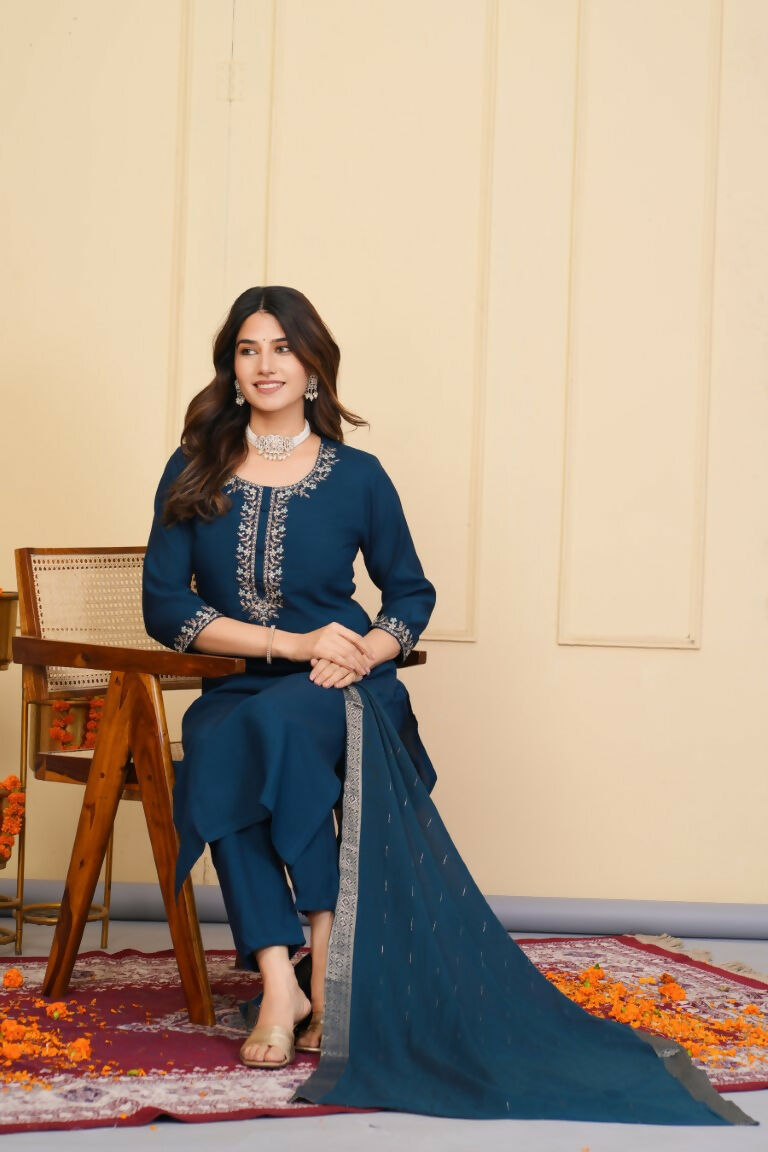 Blue Viscose Chanderi Embroidered Stitched Suit With Dupatta - Tanisha | Swadesiicart