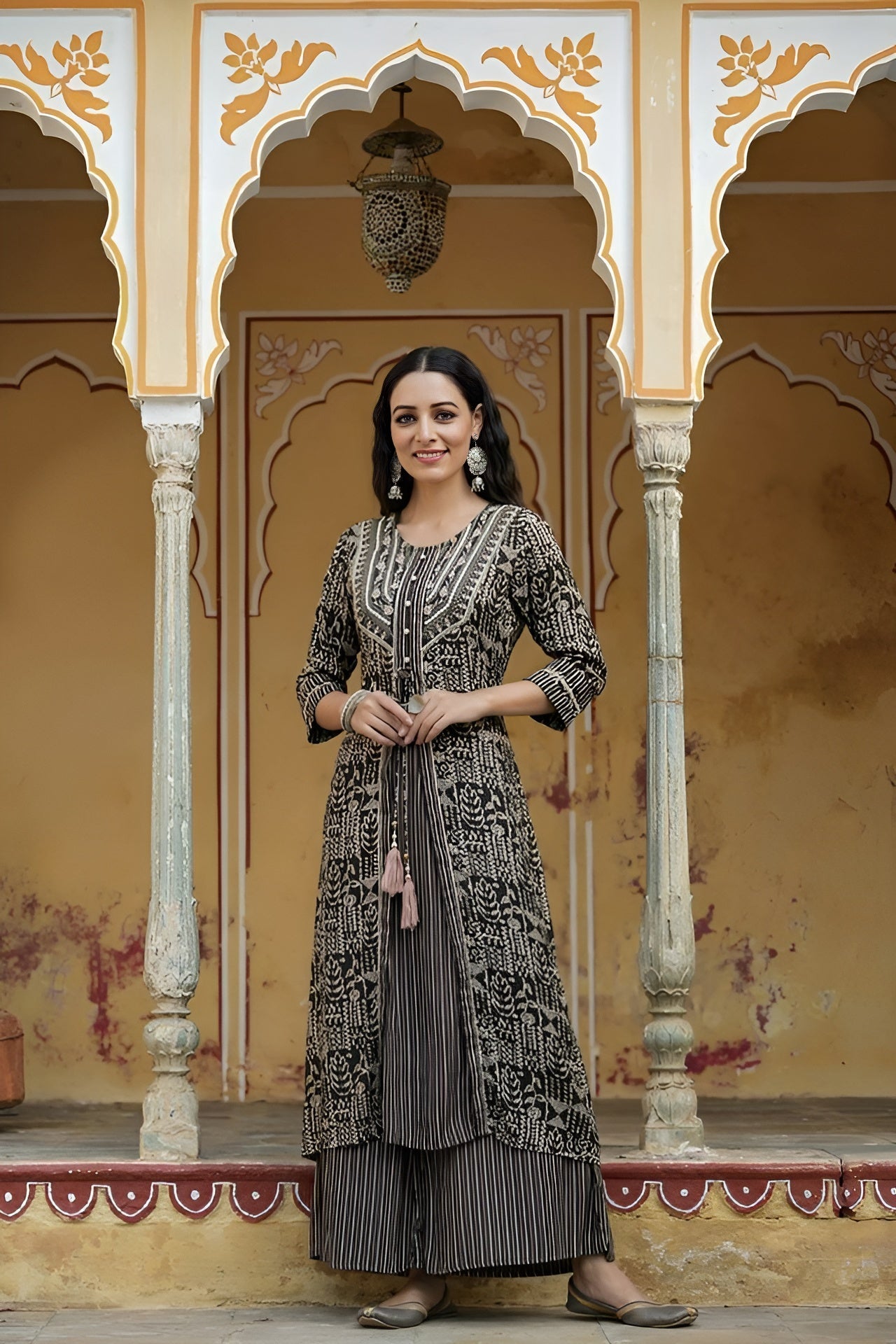 Juniper Women`s Black Rayon Staple Embroidered & Printed A-Line Kurta Sets | Swadesiicart