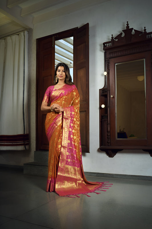 Vardha Sunset Orange Golden Zari Banarasi Chiffon Saree | Swadesiicart