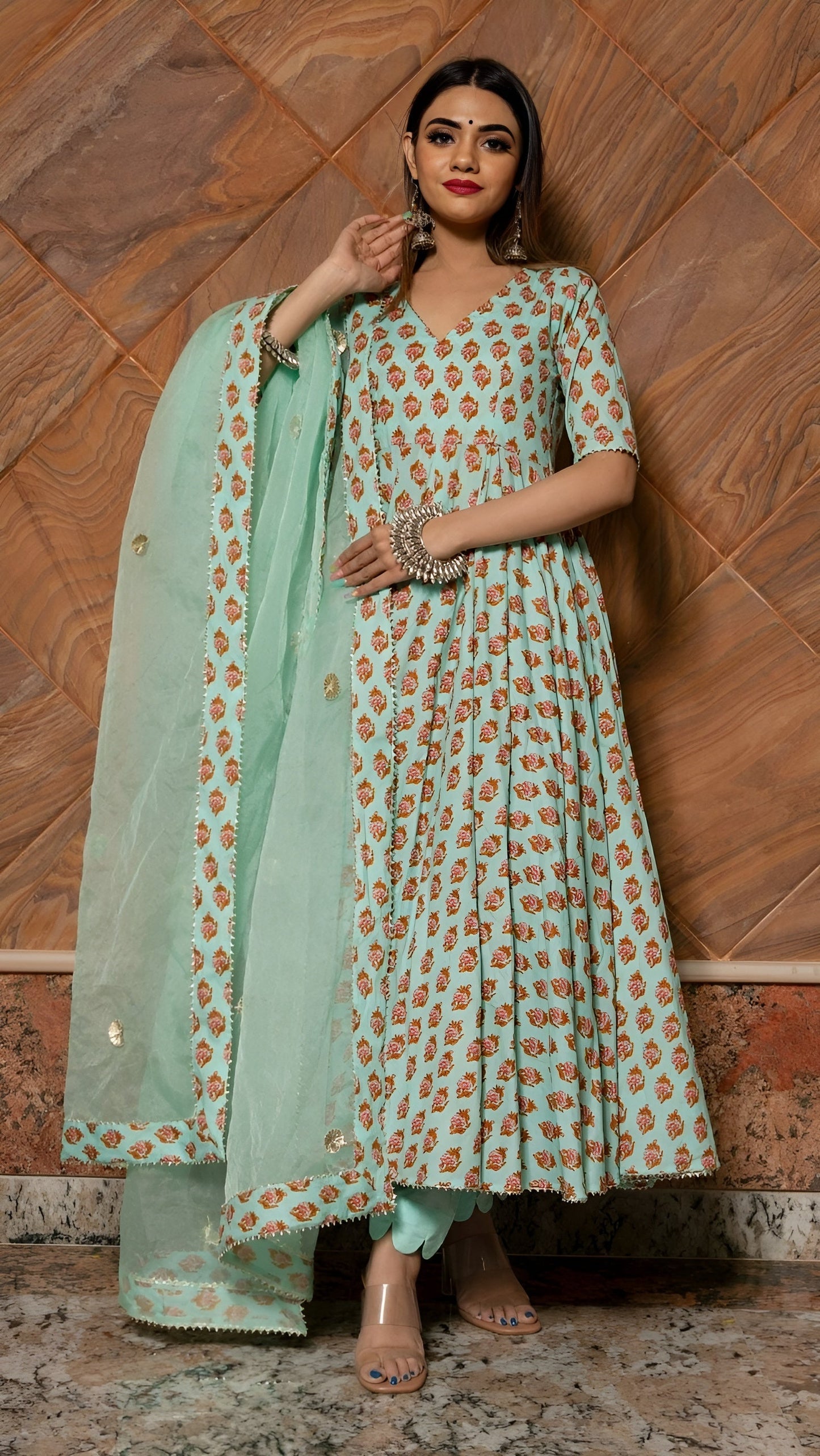 Pomcha Jaipur Lilly Of Valley Hand Block Anarkali Set | Swadesiicart
