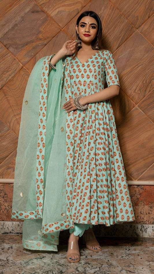 Pomcha Jaipur Lilly Of Valley Hand Block Anarkali Set | Swadesiicart