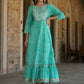 Juniper Women's Green Printed Embroidered Mirror Work Sequin Cotton Flared Dress | Swadesiicart