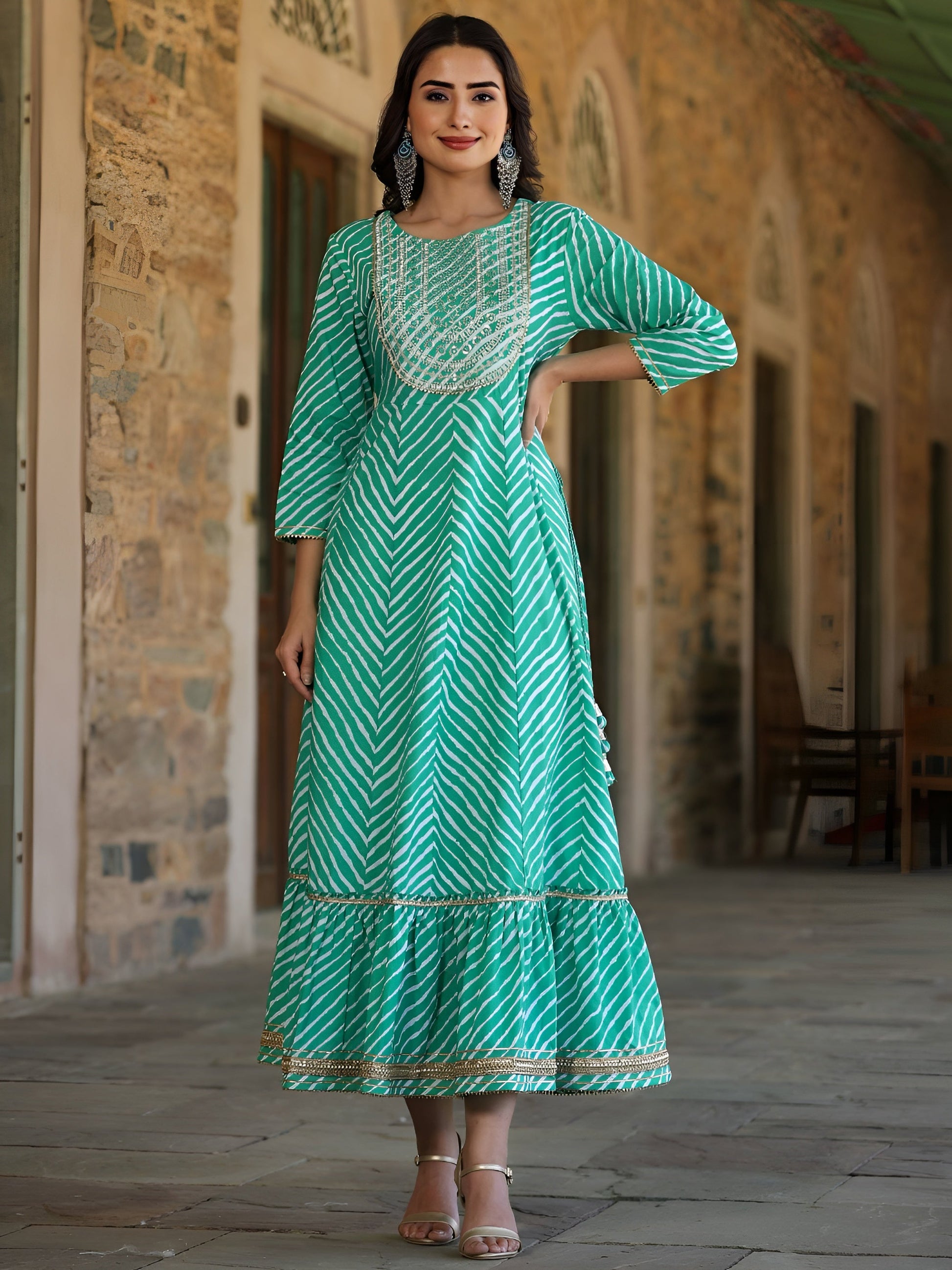 Juniper Women's Green Printed Embroidered Mirror Work Sequin Cotton Flared Dress | Swadesiicart