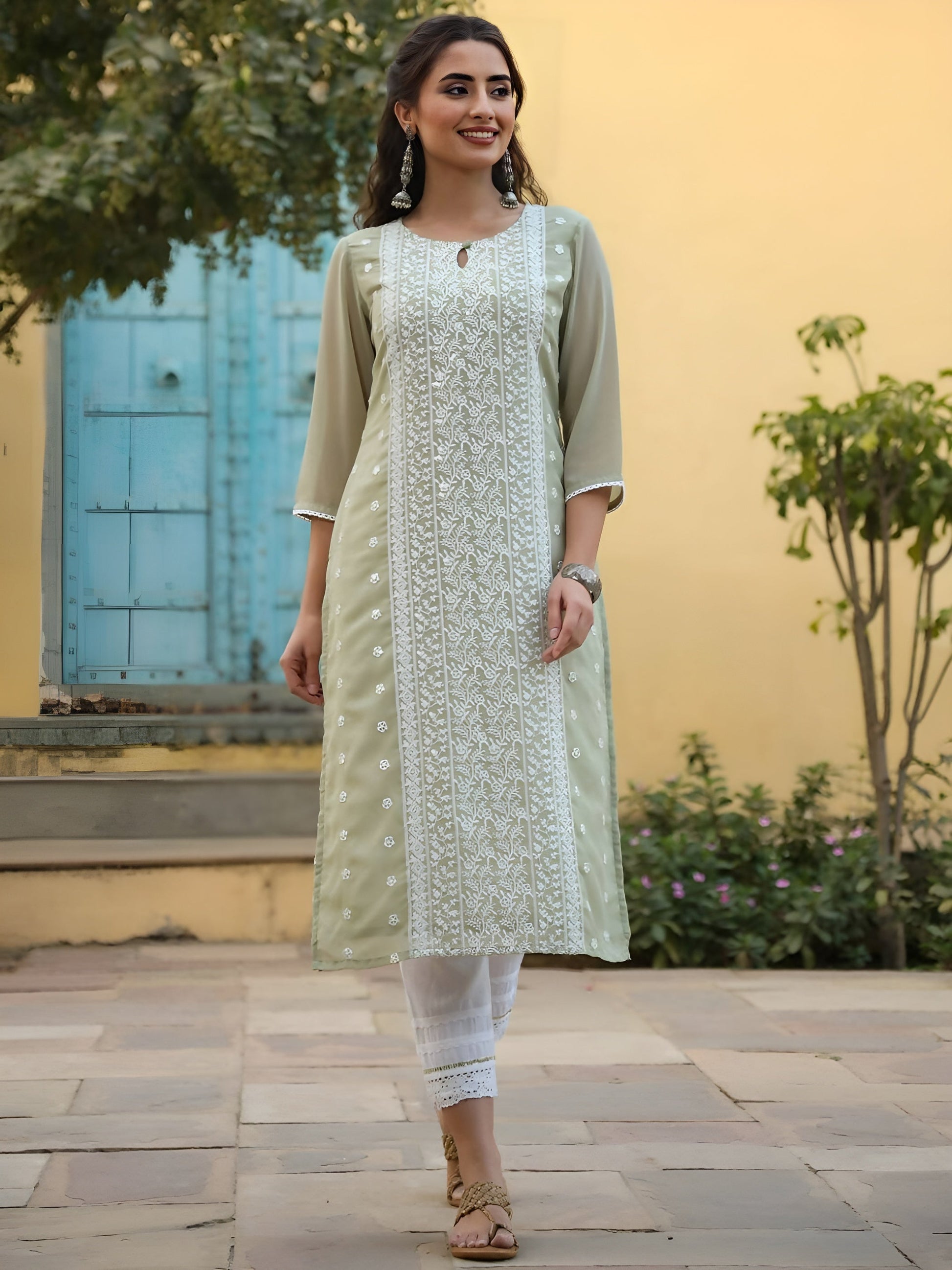 Juniper Women's Ltgreen Georgette Printed Kurta | Swadesiicart