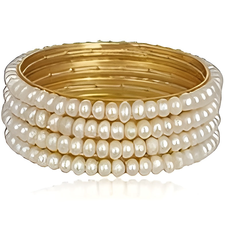 Gold-Polished Alloy Set Of 4 Pearl Bangles - The Pari - Swadesiicart
