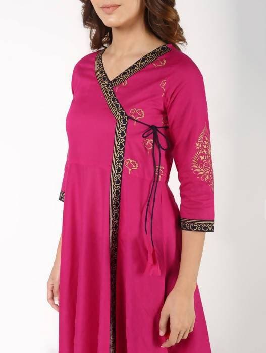 Aniyah Cotton Block Print Angrakha Kurta In Magenta (AN-148K) - Swadesiicart