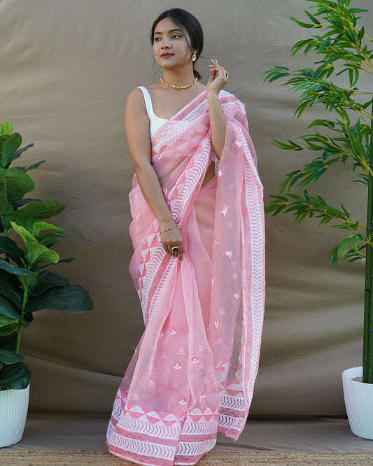 Vamsee Kamal Pink Organza Saree - Swadesiicart