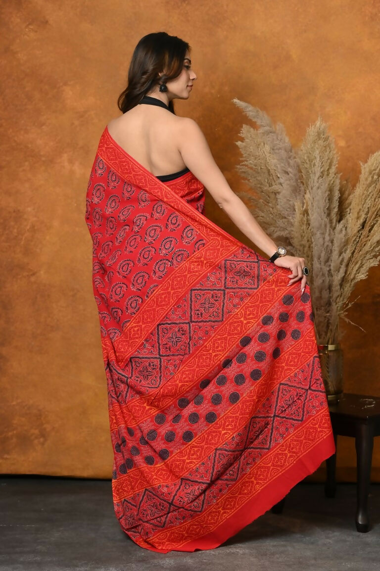 Very Much Indian Handblock Printed Cotton Saree With Natural Dyes - Red | Swadesiicart