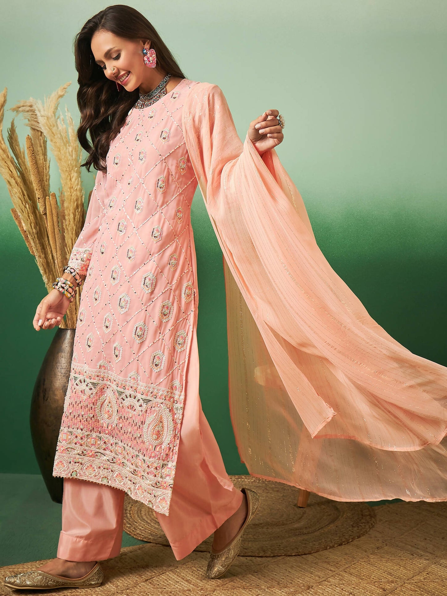 Peach Georgette Handwork Unstitched Dress Material - Hanika | Swadesiicart