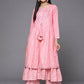 Ahalyaa Pink & Gold Ethnic Printed Layered Front Slit Cotton Anarkali Kurta Palazzos | Swadesiicart