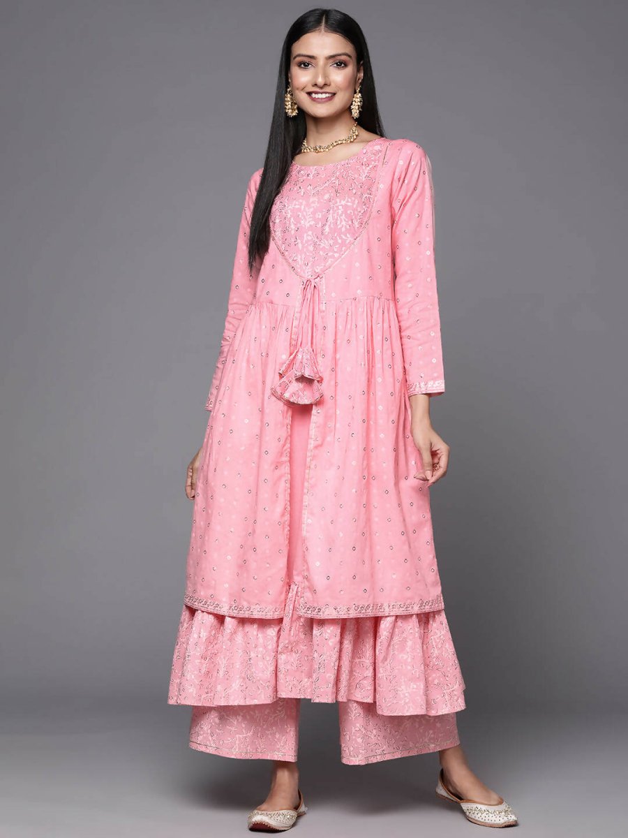 Ahalyaa Pink & Gold Ethnic Printed Layered Front Slit Cotton Anarkali Kurta Palazzos | Swadesiicart
