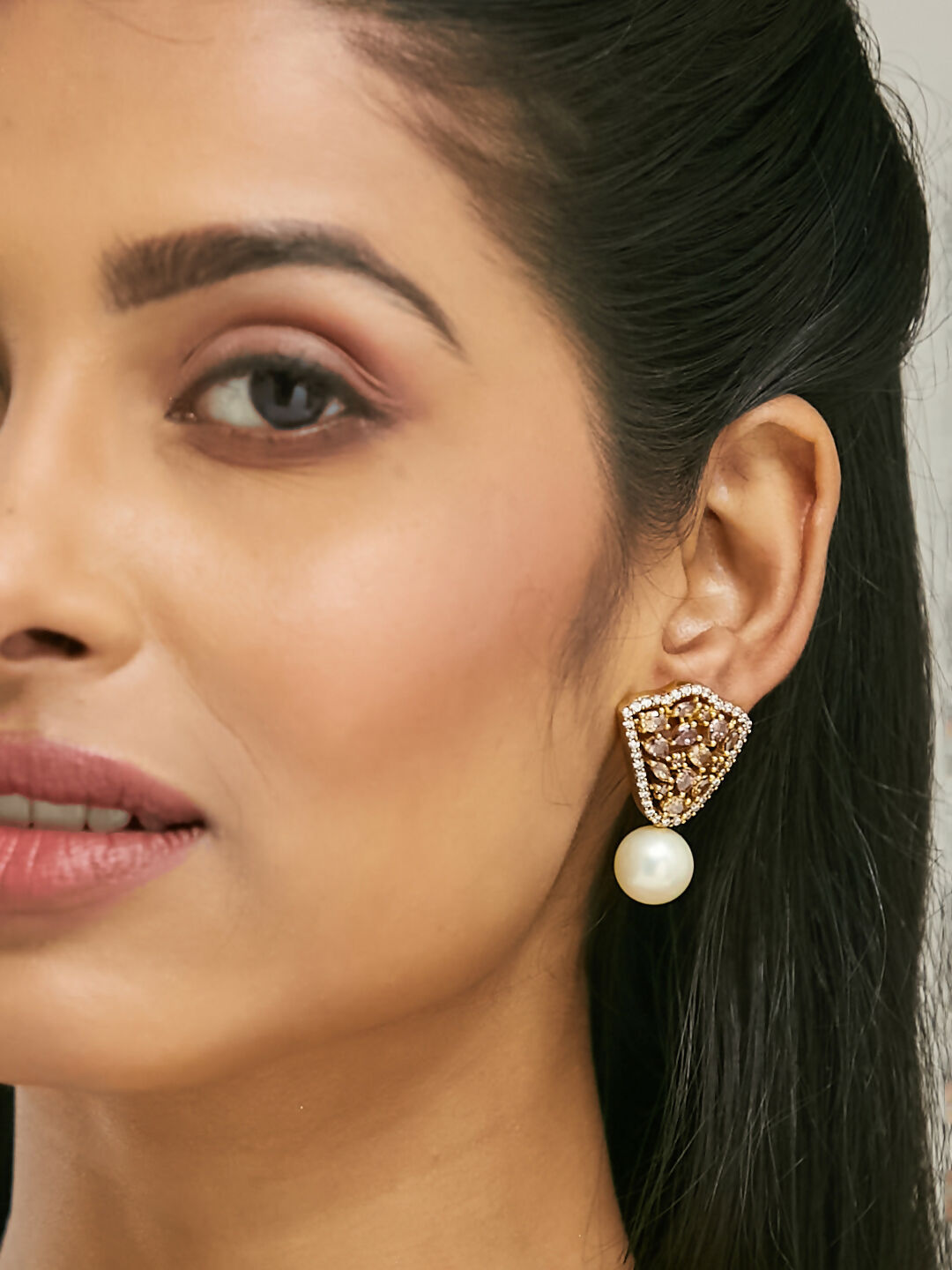 Nuyug 22K Gold-Plated Elegant Zircon Stone Studded & Pearls Drop Stud Earrings | Swadesiicart