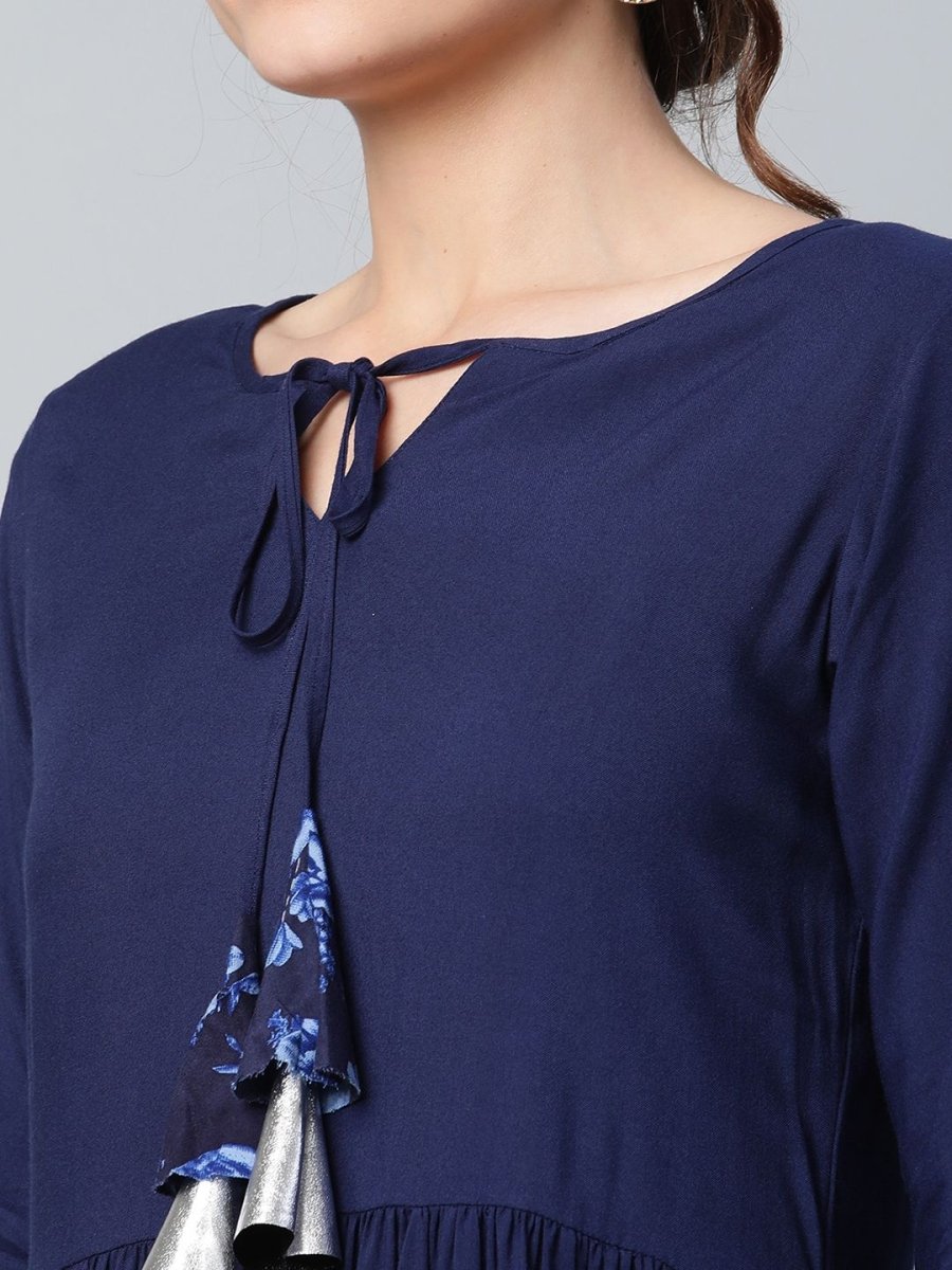 Ahalyaa Women Navy Blue Rayon Floral Empire Kurti with Dhoti Pants | Swadesiicart