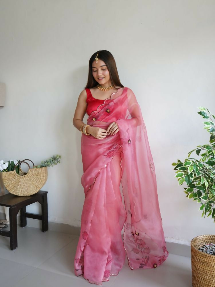 Vamsee Mudra Pink Organza Saree - Swadesiicart