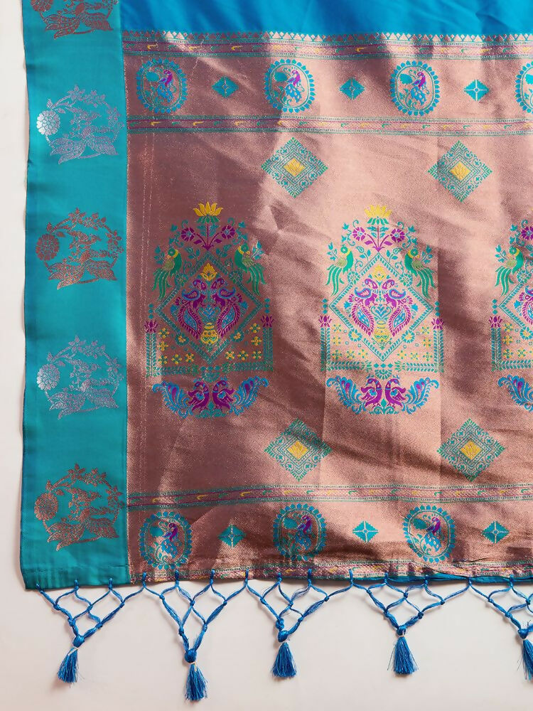 Vishnu Weaves Women's Firozi Banarasi Silk Zari Woven Saree with Blouse - Swadesiicart
