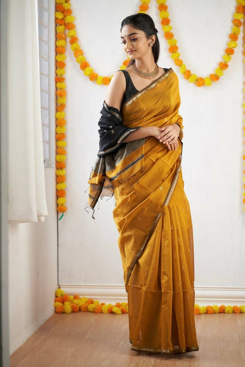 DEIANA'S Beautiful Designer Golden zari Soft Cotton Saree - Yellow - Swadesiicart