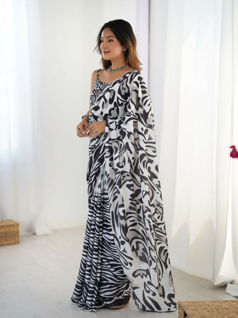 Black Chinon Designer Digital Printed,Mirror Cut Work Saree - Sohni