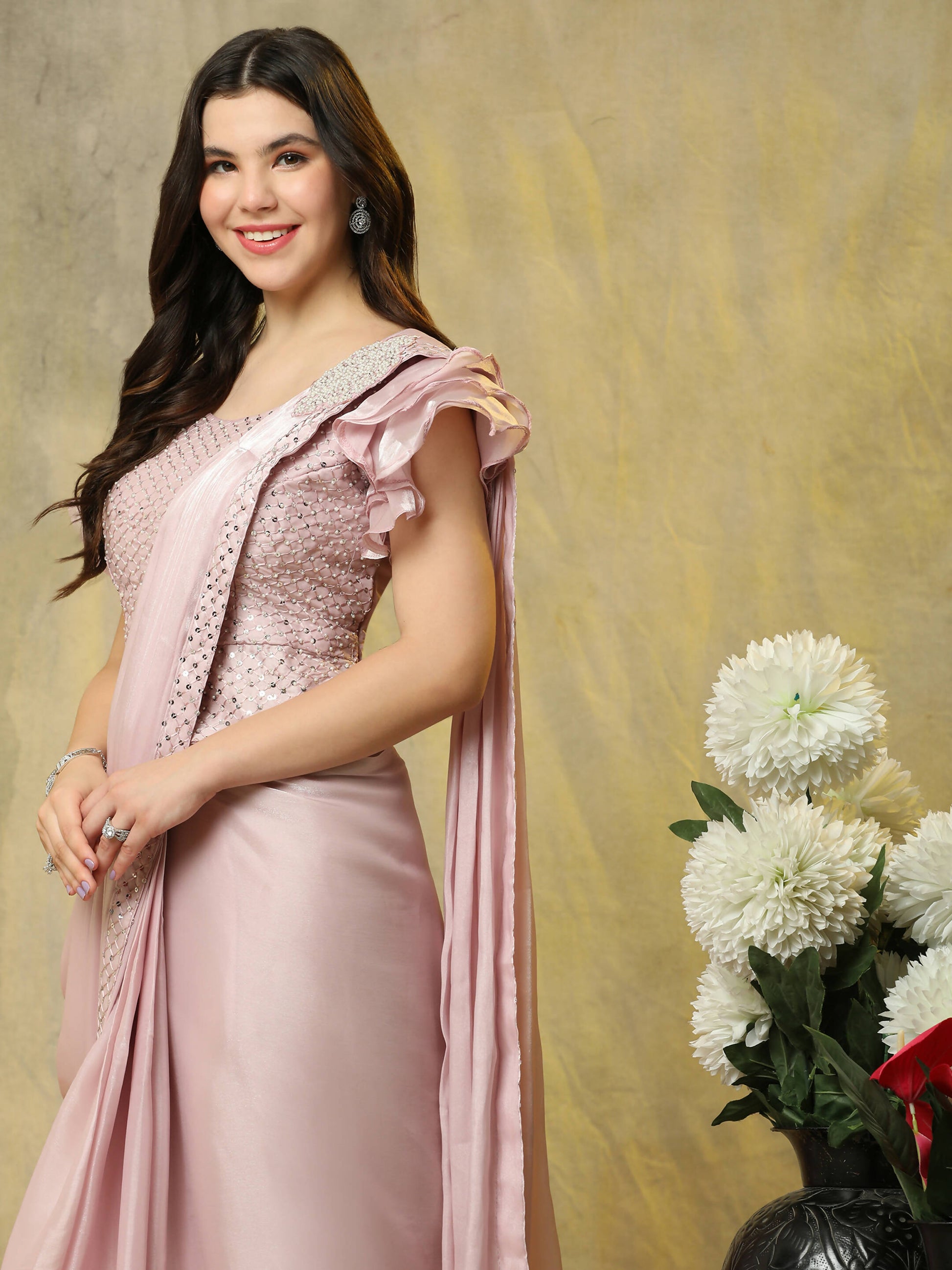Light Pink Silk Satin Sequence Work Ready to Wear Saree with stitched Blouse - Nirvana | Swadesiicart