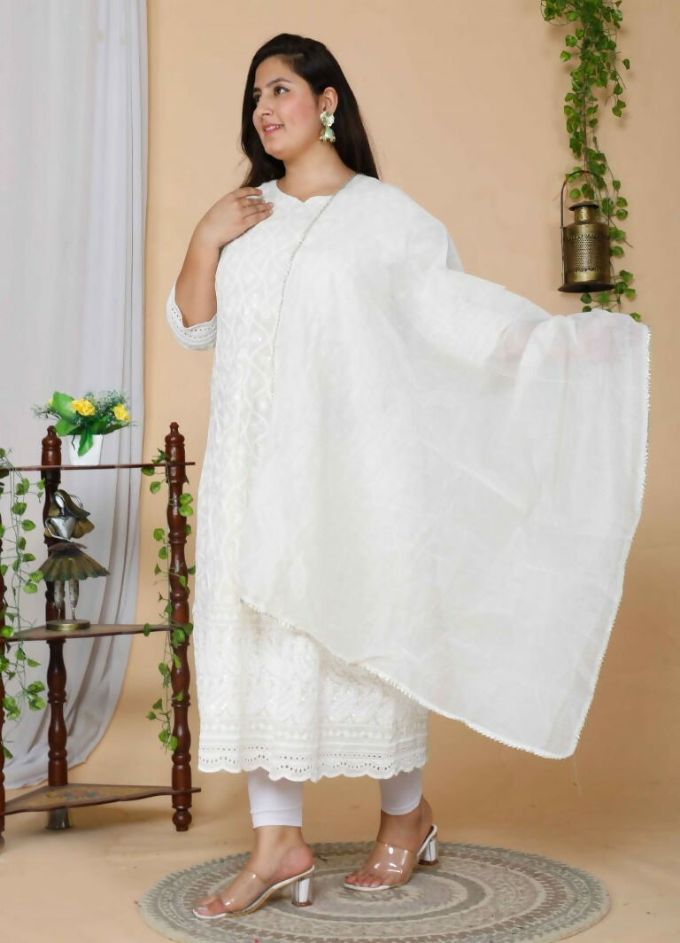 Miravan Women's Plus Size Beige Chikankari Thread Work Anarkali Kurta With Dupatta | Swadesiicart