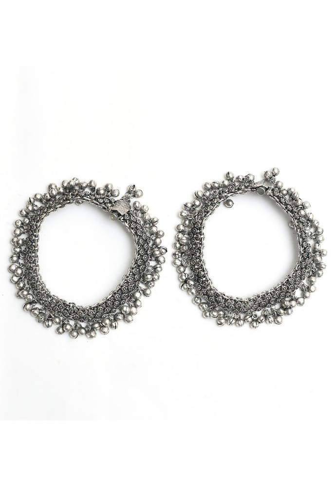 Mominos Fashion Kamal Johar Oxidised Silver Traditional Wear Anklets | Swadesiicart