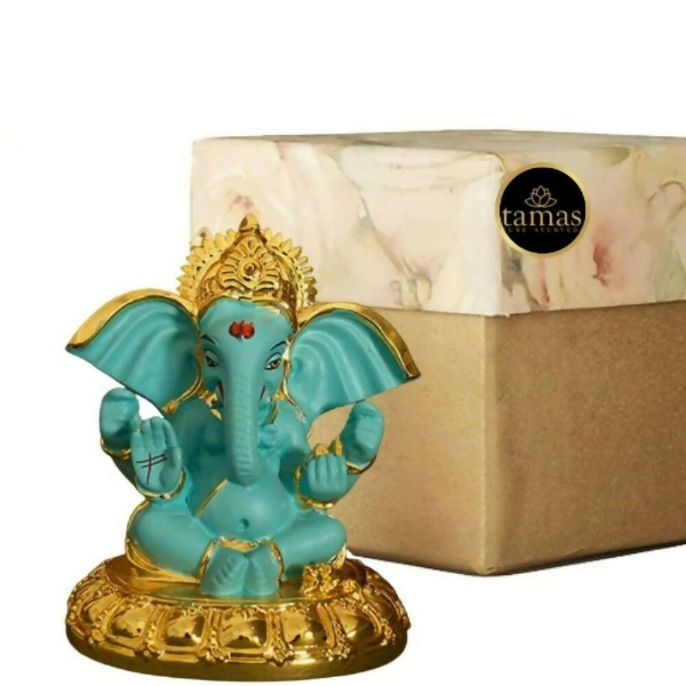 Tamas Gold-Polished Gaj Karna Ganesh Idol Flora Blue & Gold Color - Swadesiicart