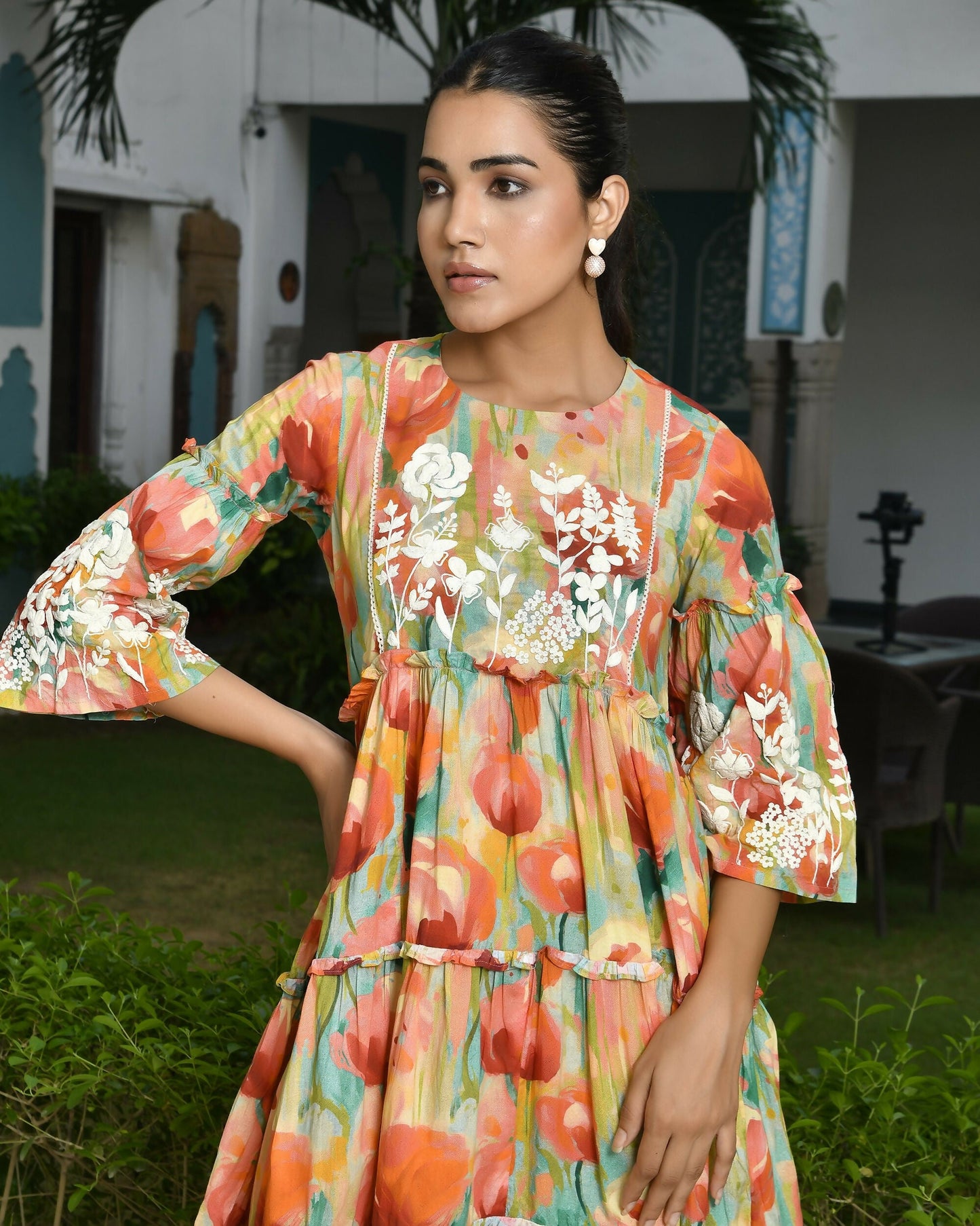 Vaasva Women's Orange Cotton Embroidered& Digital Printed Dress | Swadesiicart