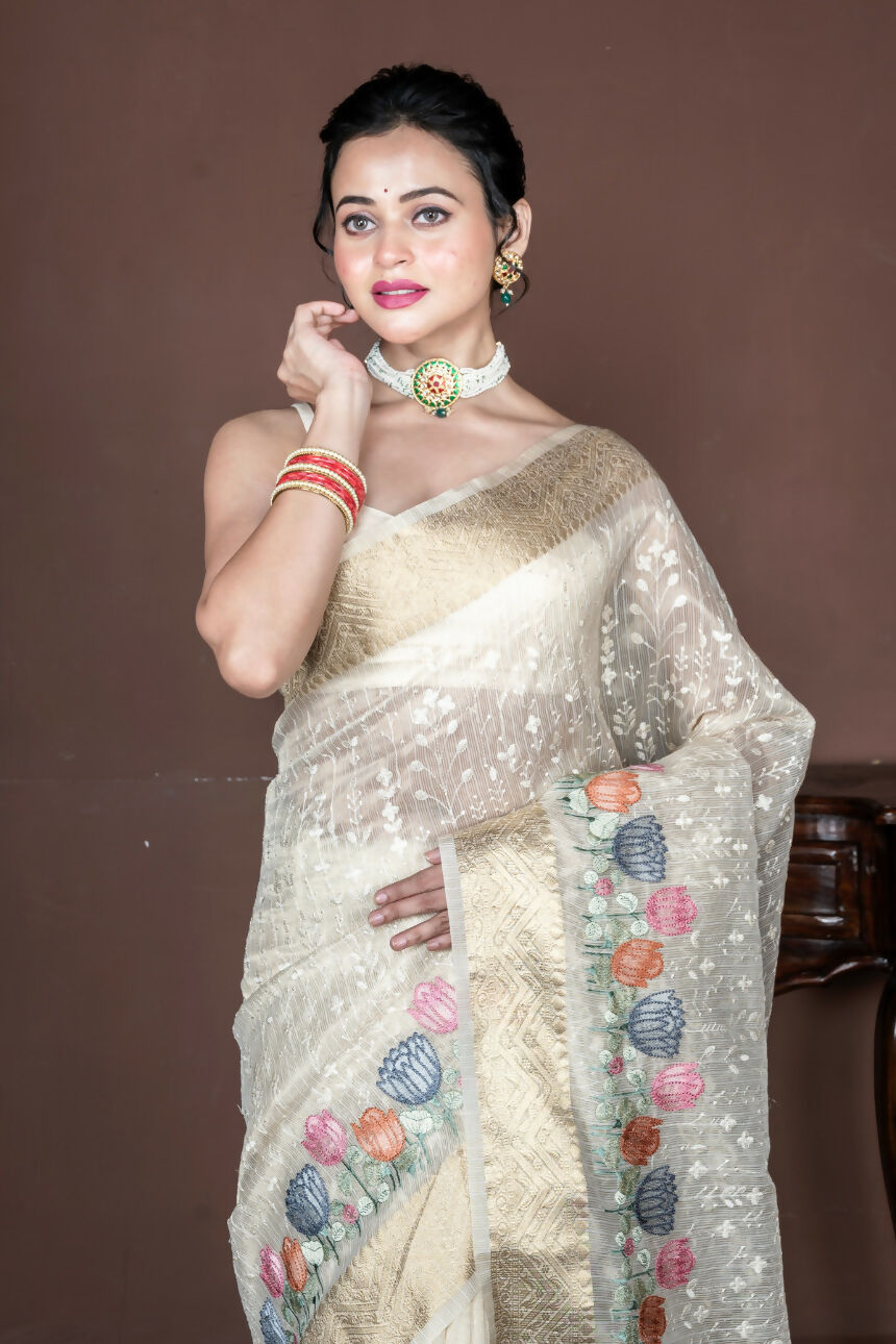 Morchari Beige Banarasi Tissue Computer Embroidery Saree Unstitched Blouse | Swadesiicart