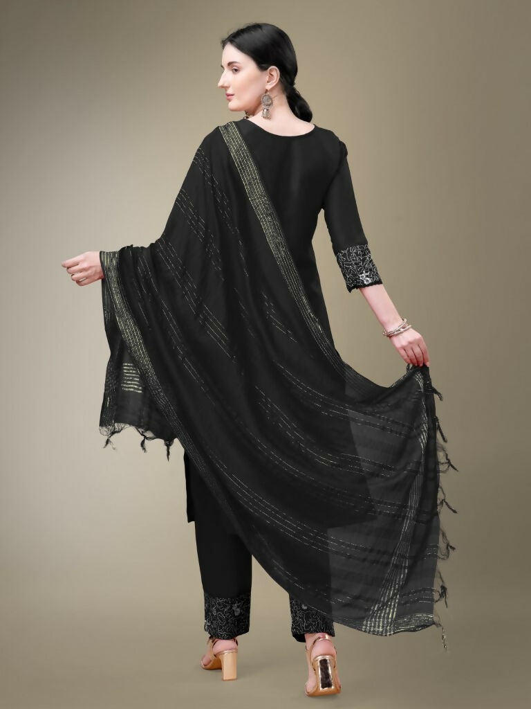 Jyoti Fashion Women's Black Cotton Blend Embroidery & Fancy Lace work Kurta with Trouser & Dupatta | Swadesiicart