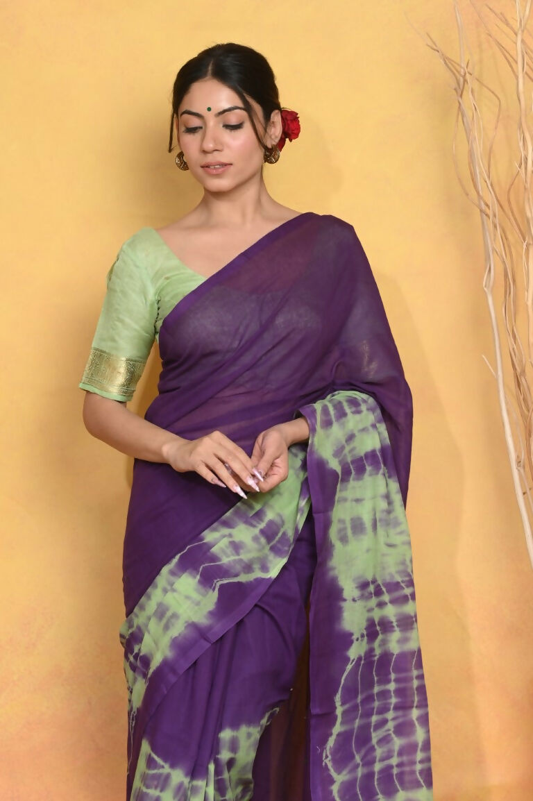 Very Much Indian Tie & Dye Handloom Mul Cotton Saree - Blue Green | Swadesiicart