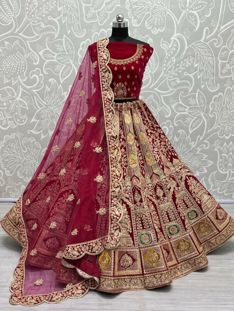 Jyoti Fashion Women's Rani Pink Velvet Dori, Multi Thread Embroidered with Diamond Work Wedding Lehenga Choli | Swadesiicart