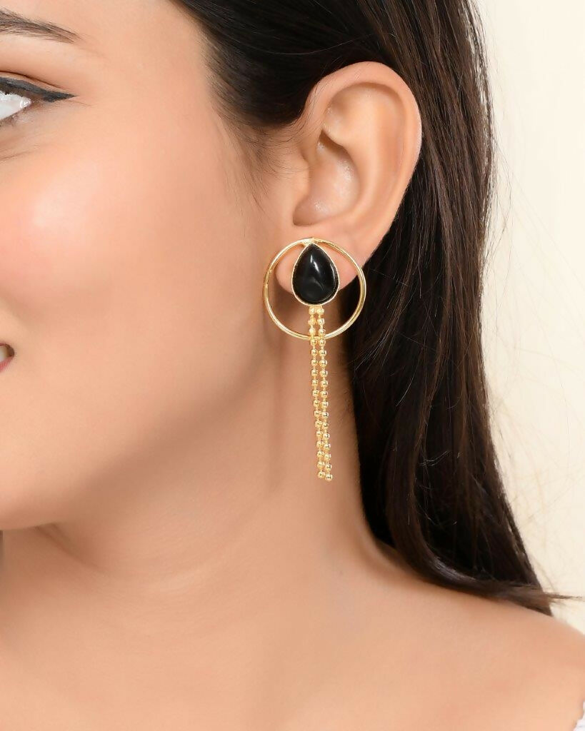 VOJ One Gram Gold-Polished Drop Shaped Black Stone Studded Earrings - Swadesiicart