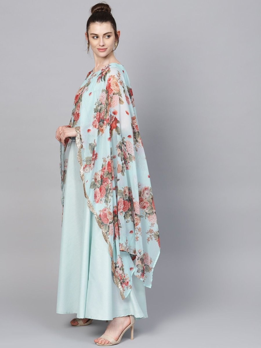 Ahalyaa Aqua Blue Poly Silk Kurta With Attached Printed Dupatta | Swadesiicart