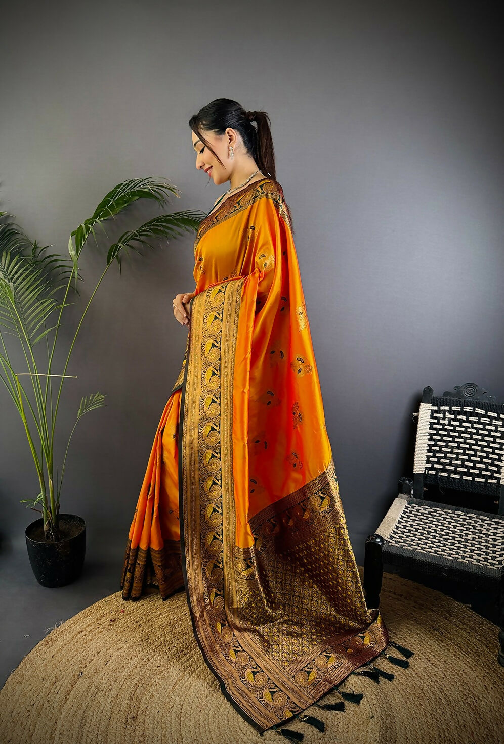 Joban Fashion Banarasi Orange Woven Soft Silk Saree | Swadesiicart