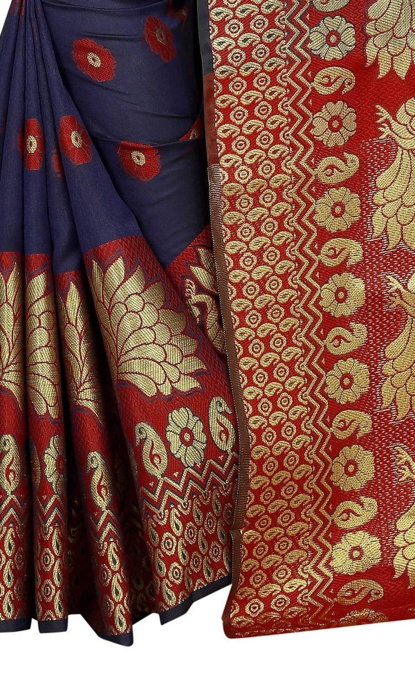 Vamika Banarasi Cotton Silk Navy Blue & Red Weaving Saree | Swadesiicart