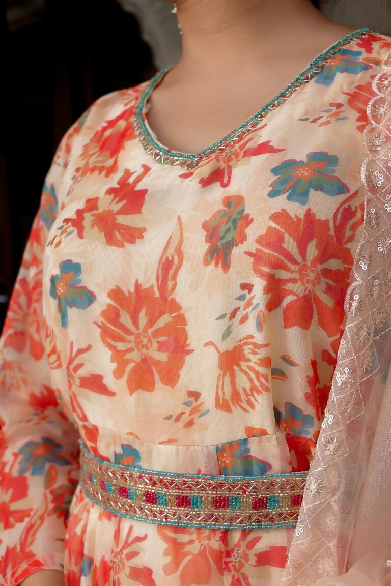Vaasva Women Cream Organza Floral Print & Embroidered Anarkali Kurta, Pant & Dupatta set | Swadesiicart