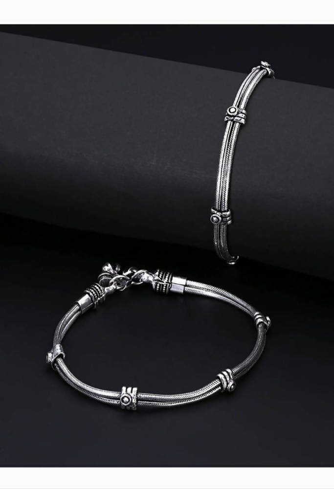 Mominos Fashion Kamal Johar Oxidised Silver Double Lined Anklets | Swadesiicart