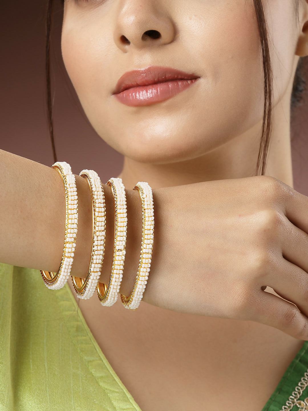 NVR Women's Set of 4 Gold-Polished Pearl Handcrafted Traditional Bangles - NR Retail-NVR