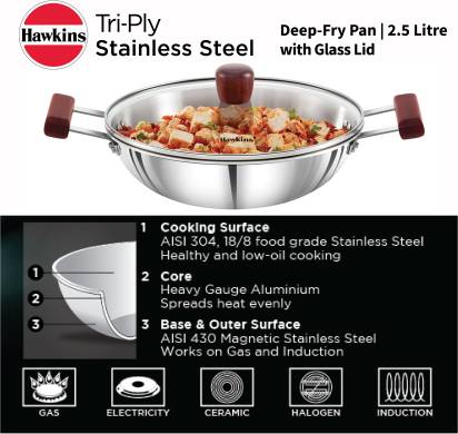 Hawkins TriPly Stainless Steel Kadhai with Glass Lid 26 cm Diameter 2.5 L (SSD25G) - Swadesiicart