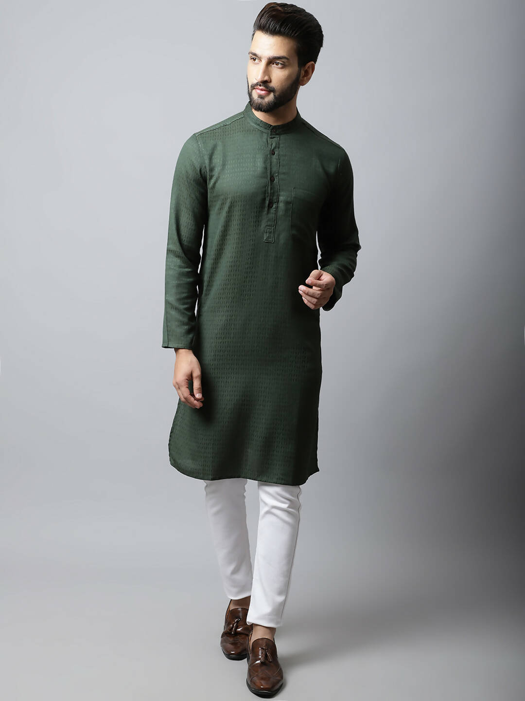 Even Apparels Green Color Viscose Pure Cotton Men's Kurta With Band Collar (SLD1197) | Swadesiicart