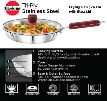 Hawkins TriPly Fry Pan 26 cm Diameter with Lid 1.8 L Capacity (SSF26G) - Swadesiicart