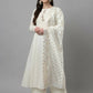 FIORRA Women's White Pure Cotton Flared Kurta Palazzo Set With Dupatta - Swadesiicart