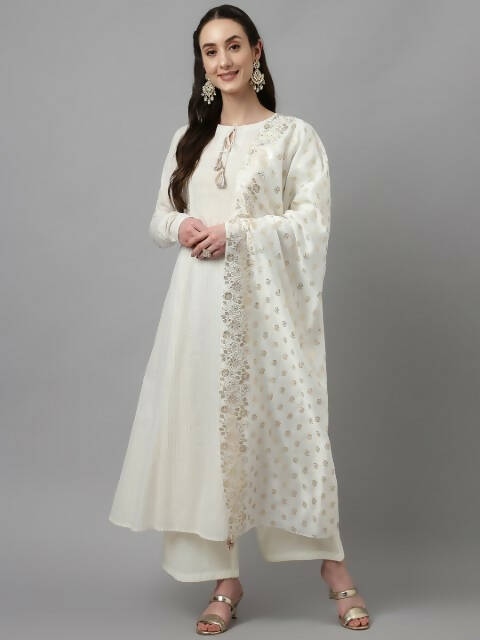 FIORRA Women's White Pure Cotton Flared Kurta Palazzo Set With Dupatta - Swadesiicart