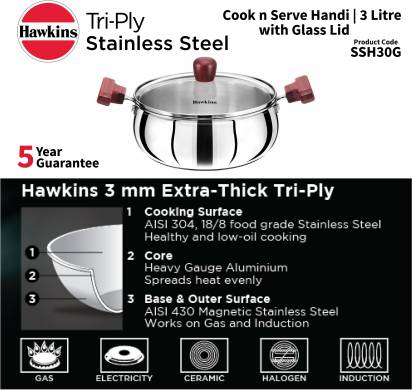 Hawkins TriPly Cook n Serve Handi with Glass Lid 22 cm Diameter 3 L (SSH30G) - Swadesiicart