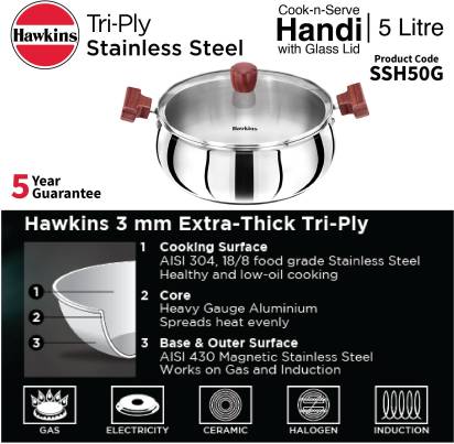 Hawkins TriPly Stainless Steel Cook n Serve Handi with Glass Lid 5 L (SSH50G) - Swadesiicart